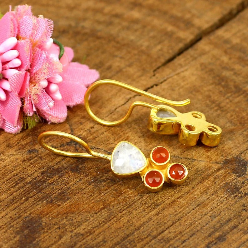 Rainbow Moonstone & Red Onyx Gemstone Sterling Silver Earrings