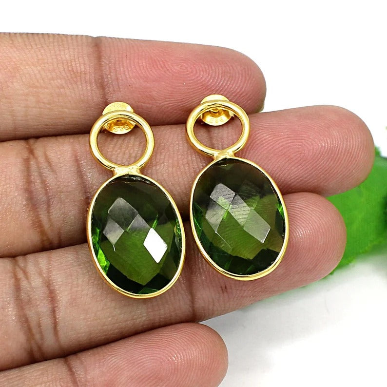 Peridot Gemstone 92.5 Sterling Silver Gold Plated Earrings