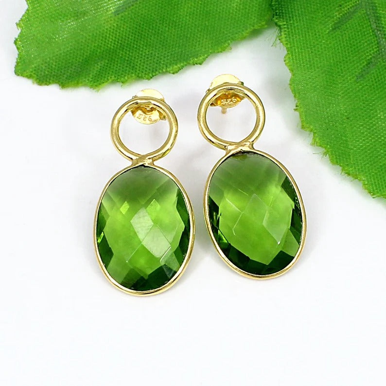 Peridot Gemstone 92.5 Sterling Silver Gold Plated Earrings