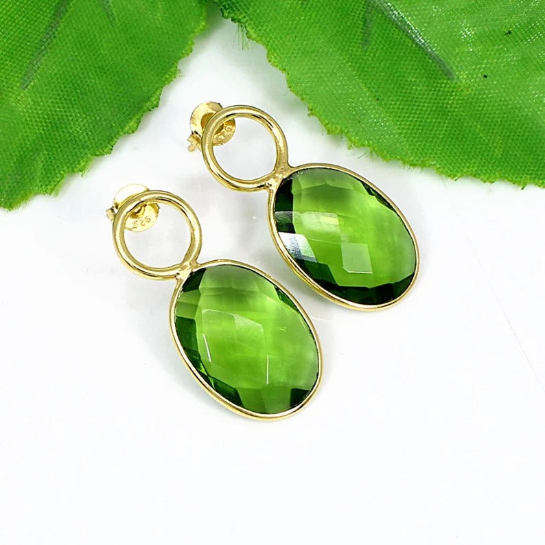 Peridot Gemstone 92.5 Sterling Silver Gold Plated Earrings