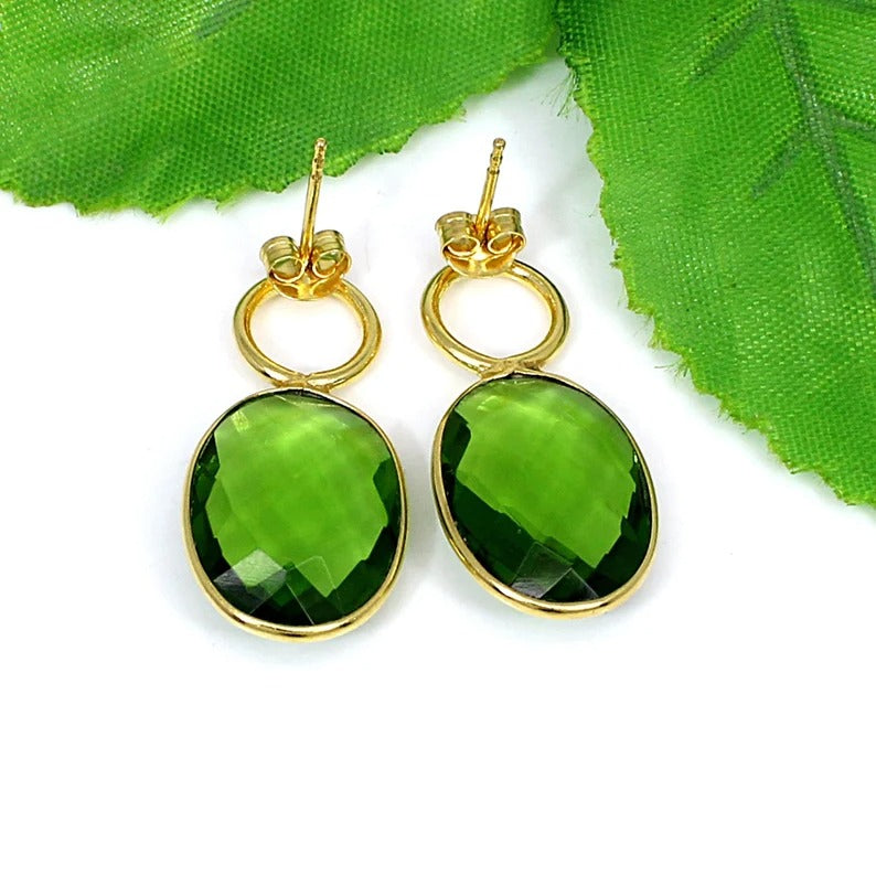 Peridot Gemstone 92.5 Sterling Silver Gold Plated Earrings