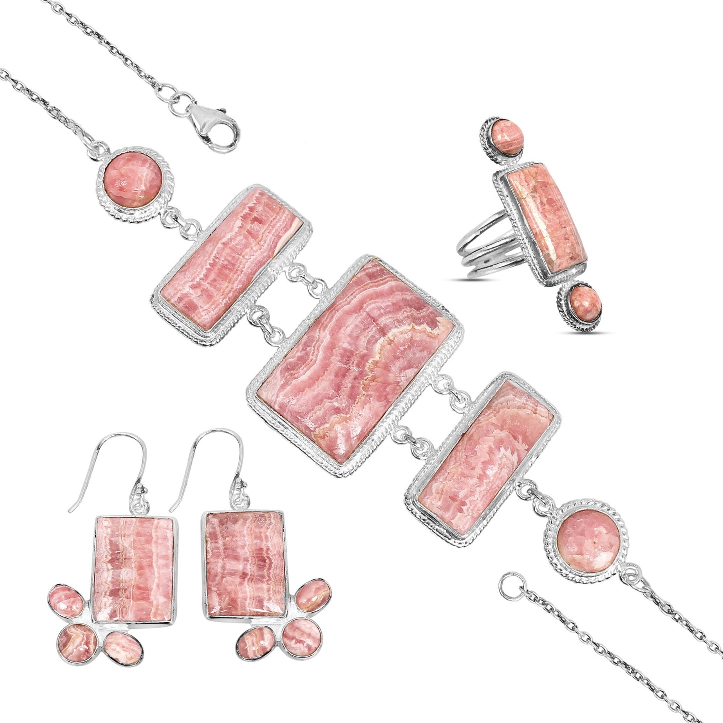 3 Pcs Rhodochrosite Gemstone 925 Sterling Silver Designer Jewelry Set