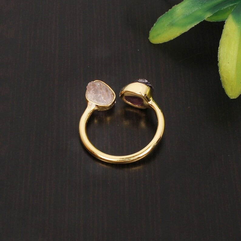 92.5 Sterling Silver Garnet & Rose Quartz Raw Stone Ring