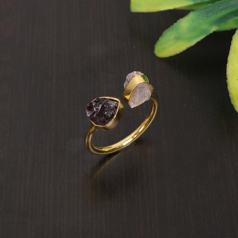 92.5 Sterling Silver Garnet & Rose Quartz Raw Stone Ring