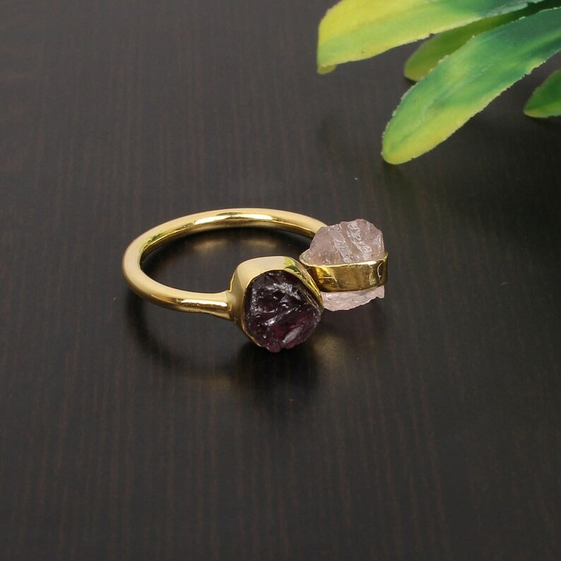 92.5 Sterling Silver Garnet & Rose Quartz Raw Stone Ring