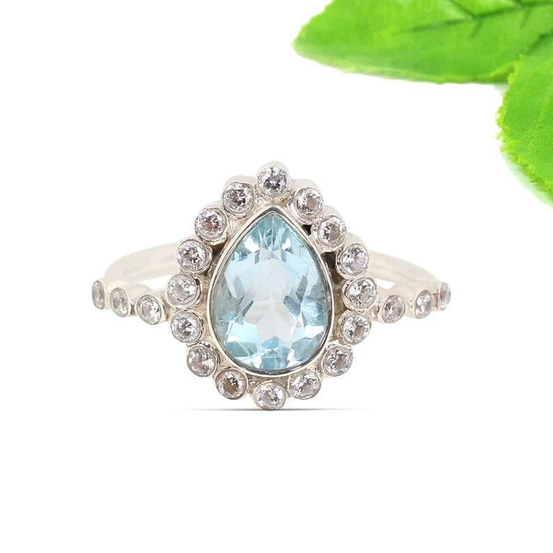 Natural Blue Topaz Gemstone Sterling Silver Ring