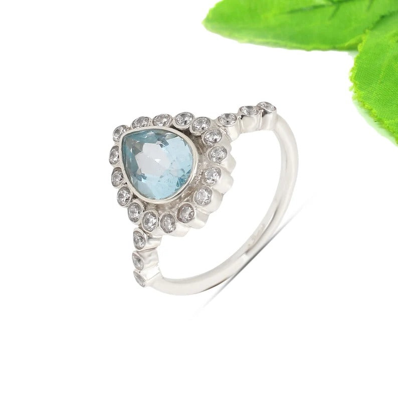 Natural Blue Topaz Gemstone Sterling Silver Ring