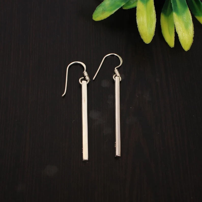 925 Sterling Silver Simple Bar Dangle Long Earrings