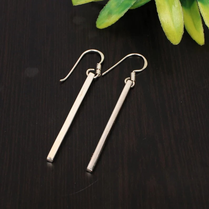 925 Sterling Silver Simple Bar Dangle Long Earrings