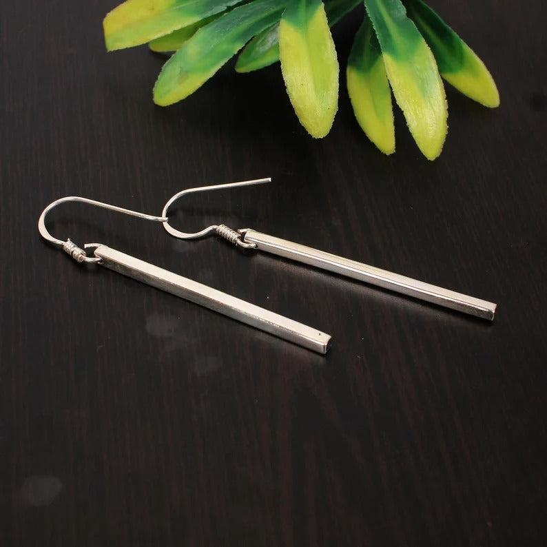 925 Sterling Silver Simple Bar Dangle Long Earrings