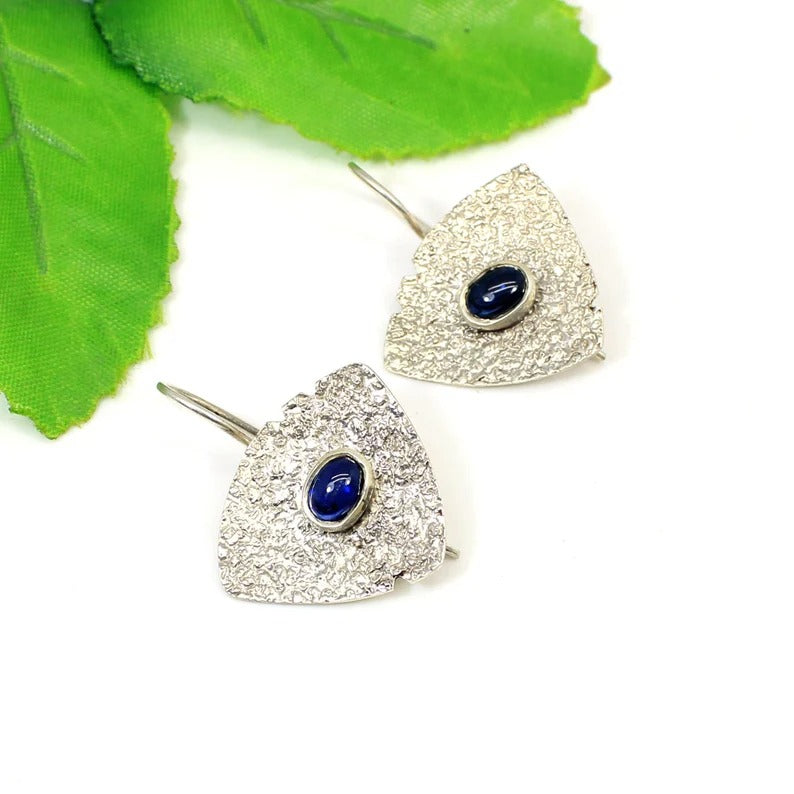 92.5 Sterling SIlver Blue Sapphire Gemstone Hammered Earrings