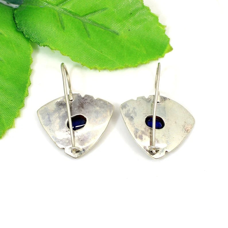 92.5 Sterling SIlver Blue Sapphire Gemstone Hammered Earrings