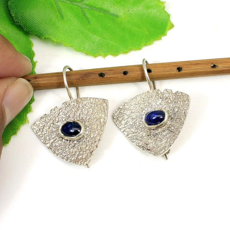 92.5 Sterling SIlver Blue Sapphire Gemstone Hammered Earrings