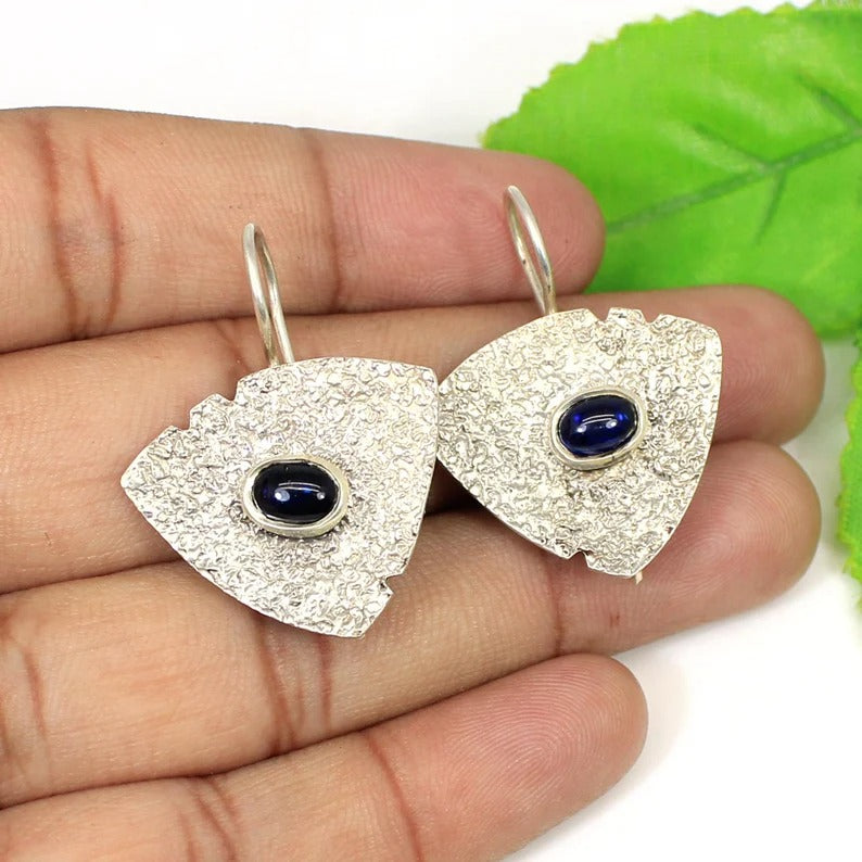 92.5 Sterling SIlver Blue Sapphire Gemstone Hammered Earrings