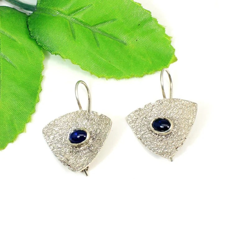 92.5 Sterling SIlver Blue Sapphire Gemstone Hammered Earrings