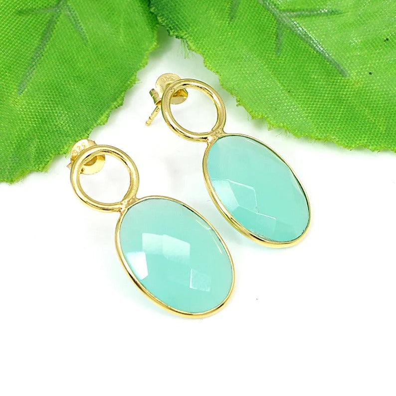 Green Chalcedony Gemstone 92.5 Sterling Silver Earrings