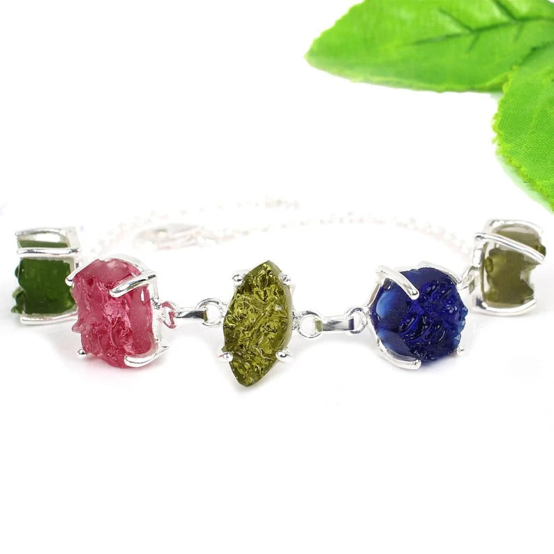 Multi Chinese Moldavite Gemstone 92.5 Sterling Silver Bracelet