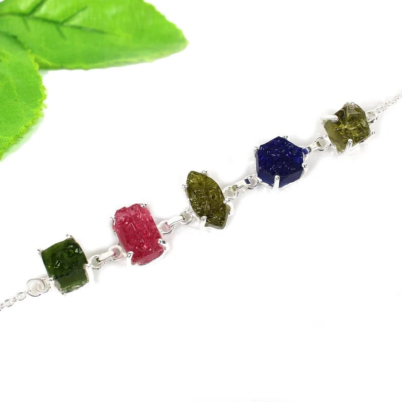 Multi Chinese Moldavite Gemstone 92.5 Sterling Silver Bracelet