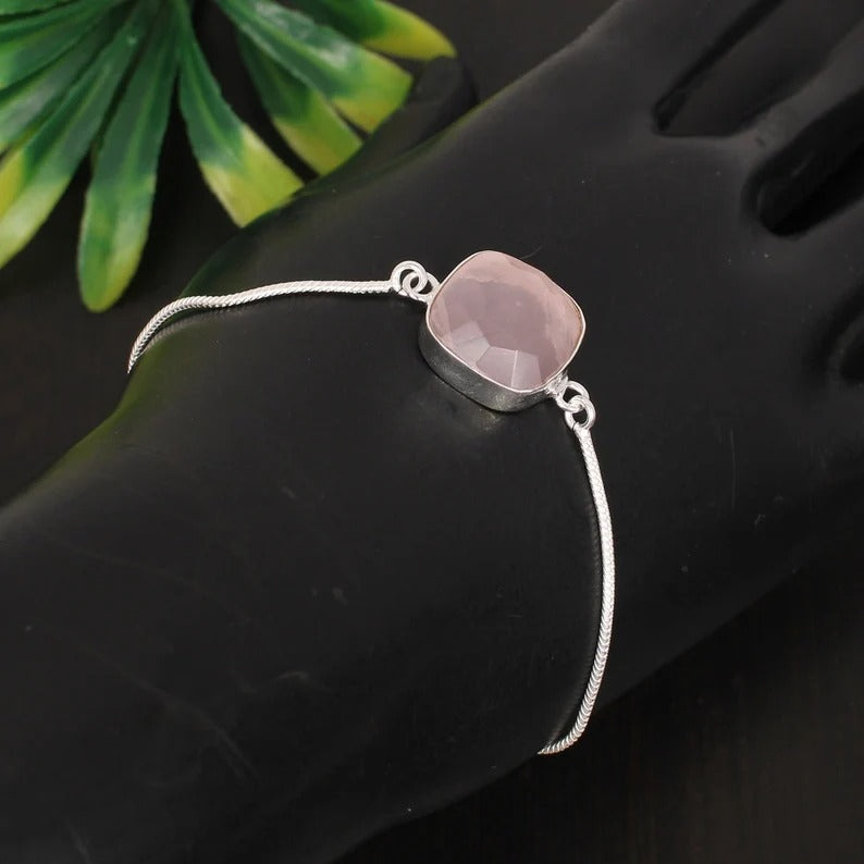 Rose Quartz Gemstone 92.5 Sterling Silver Bracelet