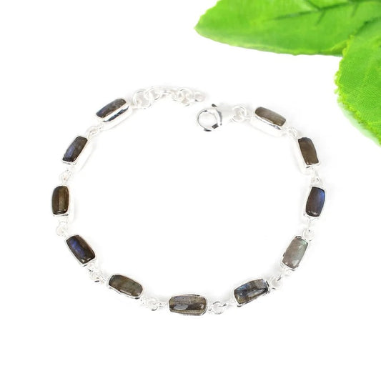 Rectangle Labradorite Gemstone 92.5 Sterling Silver Bracelet