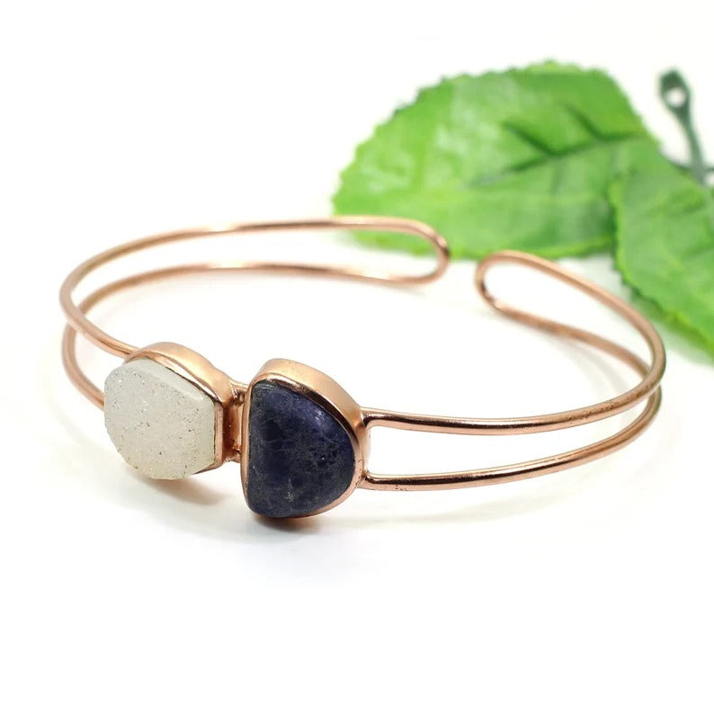 White Druzy and Sodalite Gemstone 92.5 Sterling Silver Bangle