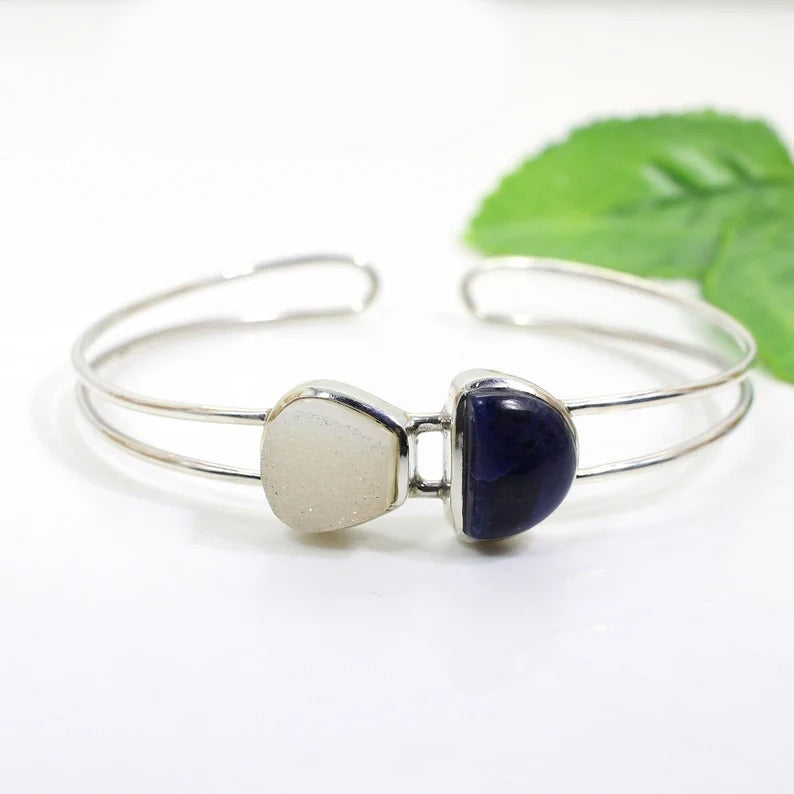 White Druzy and Sodalite Gemstone 92.5 Sterling Silver Bangle