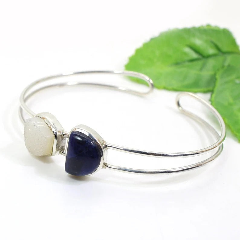 White Druzy and Sodalite Gemstone 92.5 Sterling Silver Bangle