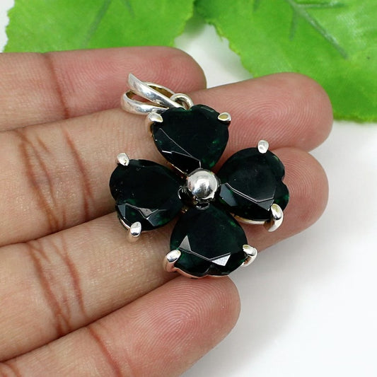 Green Tourmaline Gemstone Clover 92.5 Silver Pendant