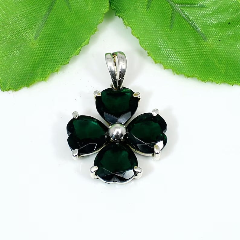 Green Tourmaline Gemstone Clover 92.5 Silver Pendant