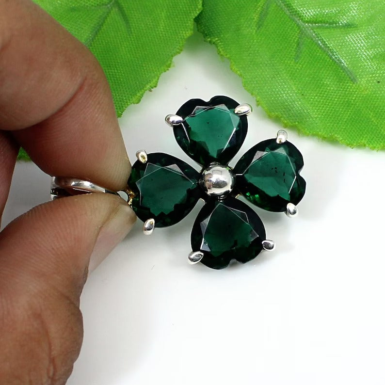 Green Tourmaline Gemstone Clover 92.5 Silver Pendant