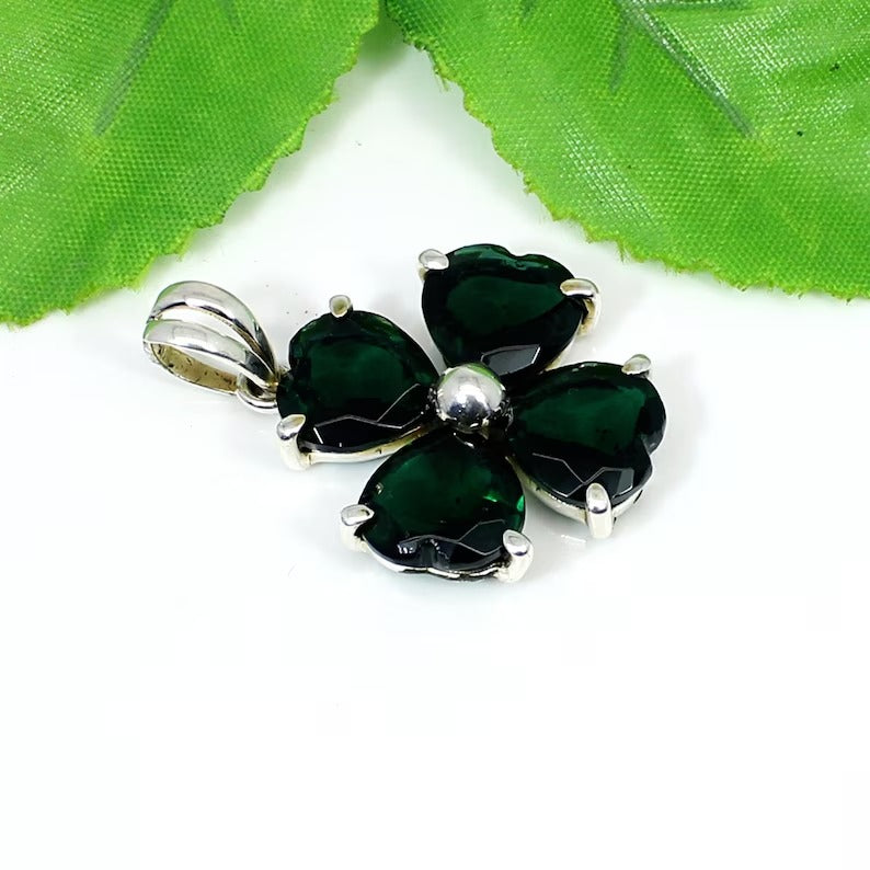 Green Tourmaline Gemstone Clover 92.5 Silver Pendant