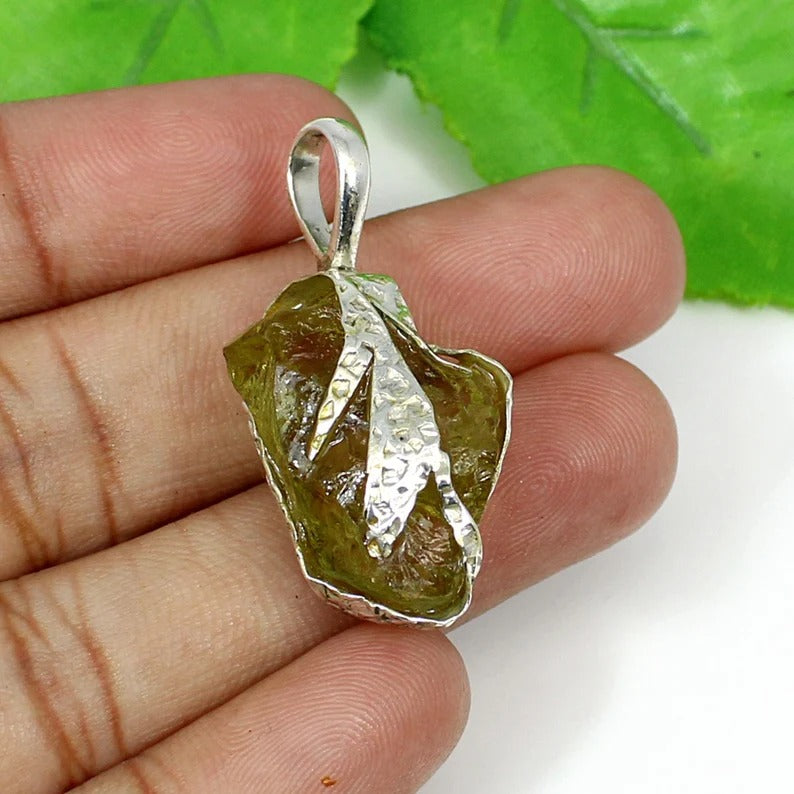 Raw Lemon Quartz Gemstone 92.5 Sterling Silver Pendant