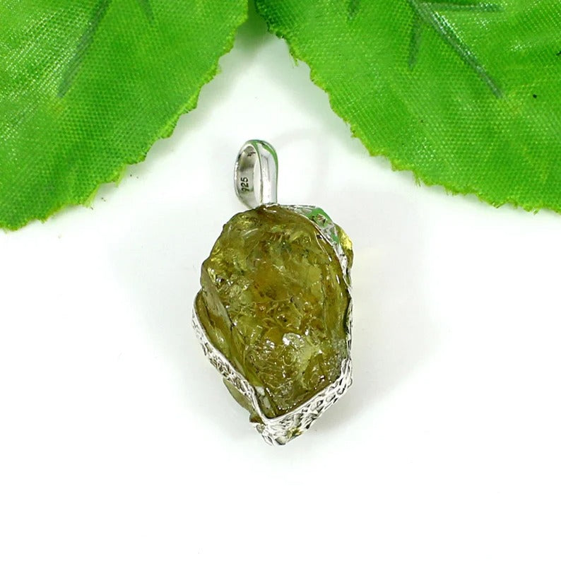 Raw Lemon Quartz Gemstone 92.5 Sterling Silver Pendant