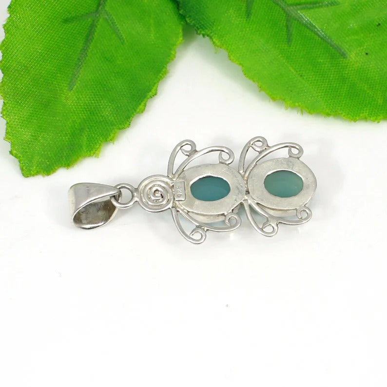 Aqua Chalcedony Gemstone Butterfly 92.5 Solid Silver Pendant