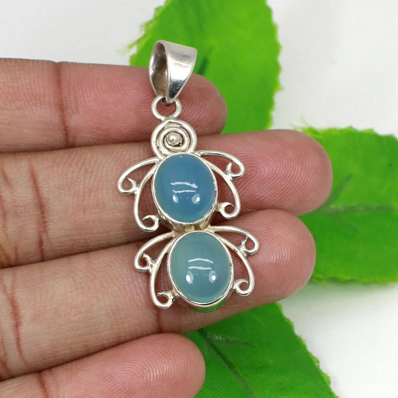 Aqua Chalcedony Gemstone Butterfly 92.5 Solid Silver Pendant