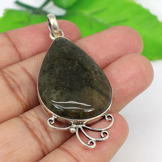 Natural Ocean Jasper Gemstone 92.5 Solid Silver Pendant