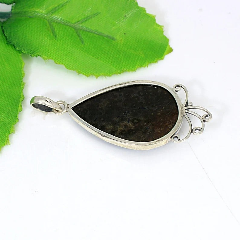 Natural Ocean Jasper Gemstone 92.5 Solid Silver Pendant