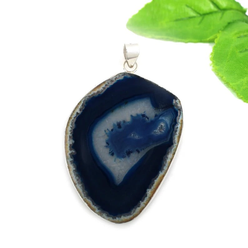 92.5 Sterling Silver Blue Slice Agate Gemstone Pendant