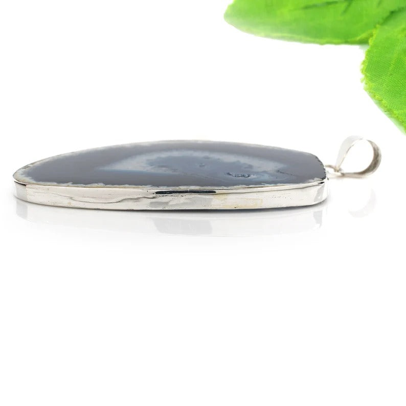 92.5 Sterling Silver Blue Slice Agate Gemstone Pendant