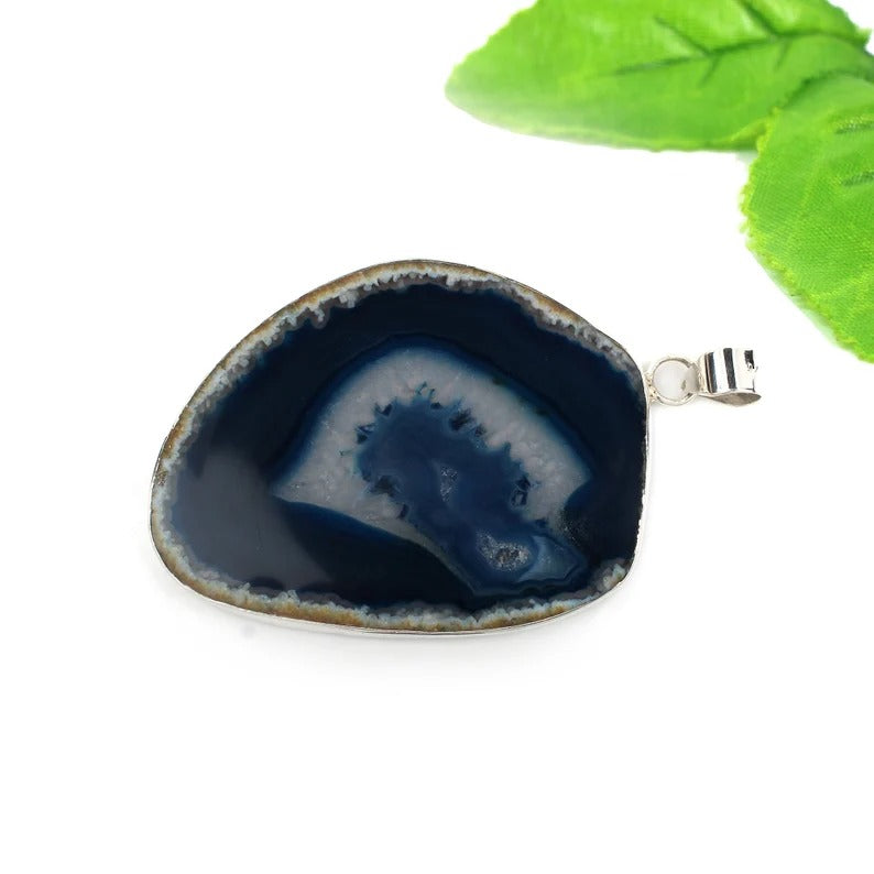 92.5 Sterling Silver Blue Slice Agate Gemstone Pendant