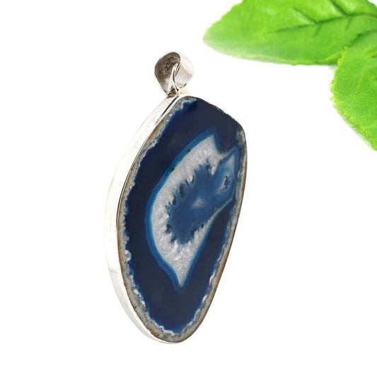 92.5 Sterling Silver Blue Slice Agate Gemstone Pendant