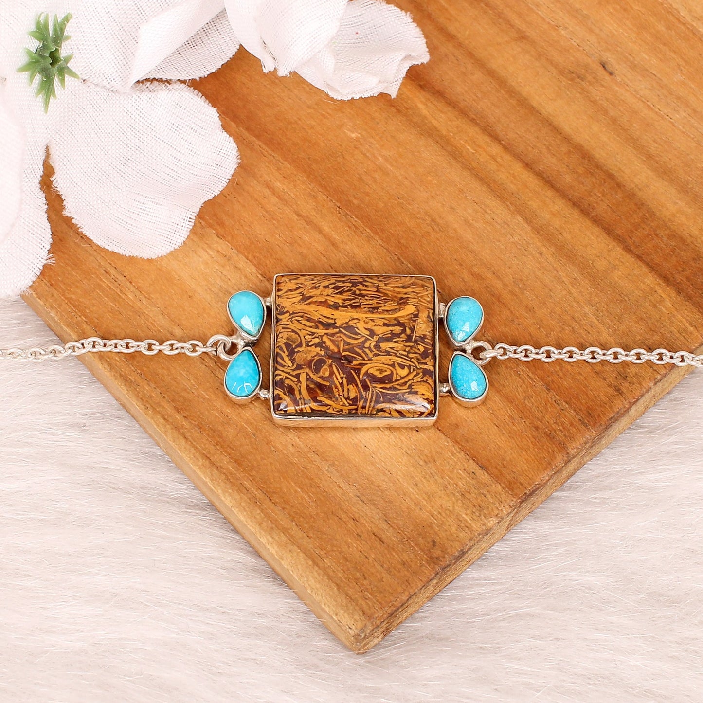 Natural Turquoise With Mariam Jasper Link Chain 925 Silver Bracelet