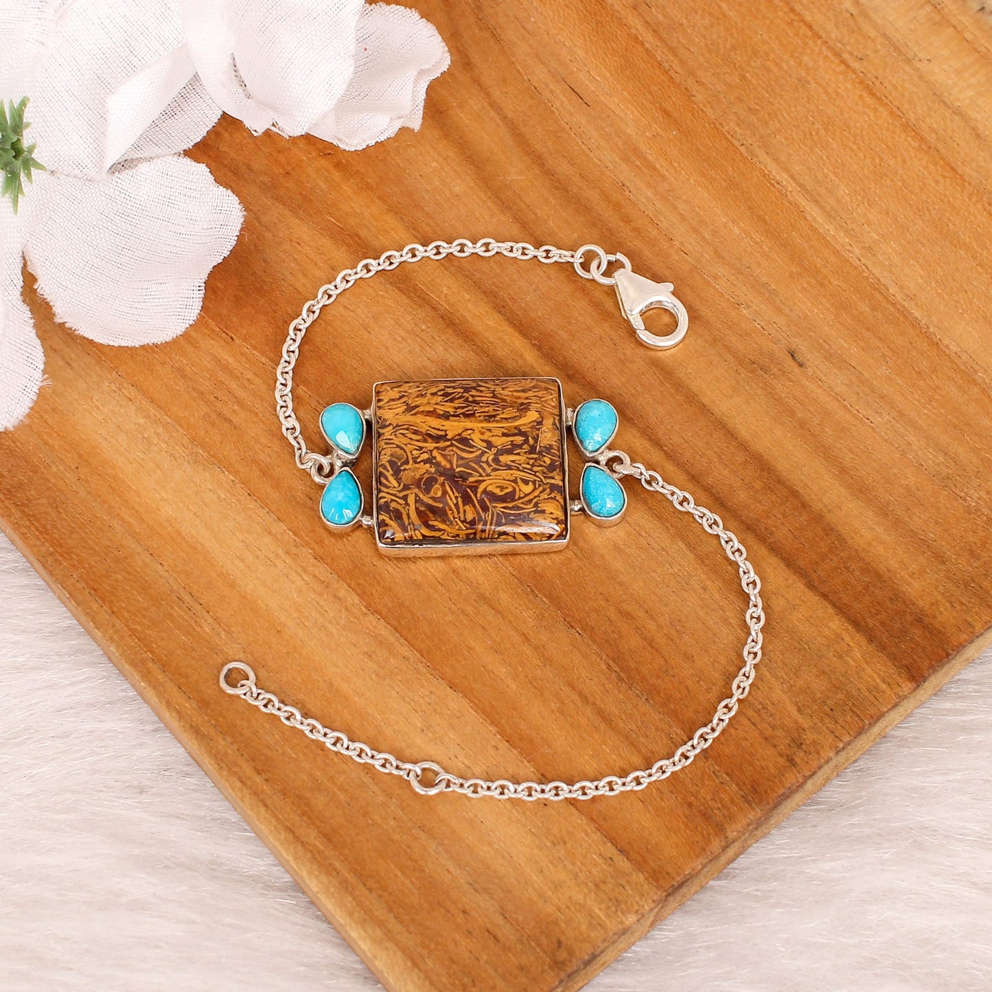 Natural Turquoise With Mariam Jasper Link Chain 925 Silver Bracelet