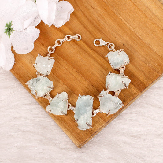 Aquamarine Rough Gemstone Prong Set 925 Silver Link Chain Bracelet