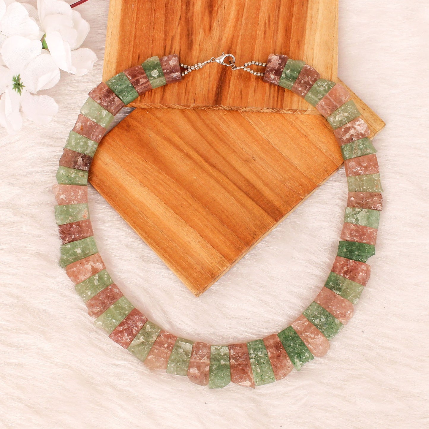 Red & Green Strawberry Quartz 24x10mm Rough Beaded Designer Necklace