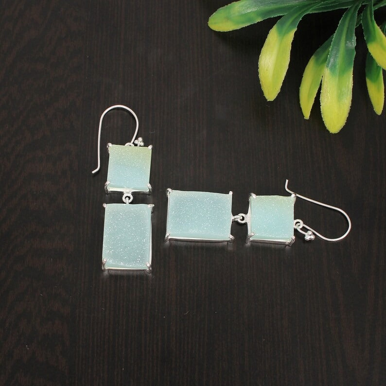 92.5 Sterling Silver Aqua Druzy Gemstone Earrings