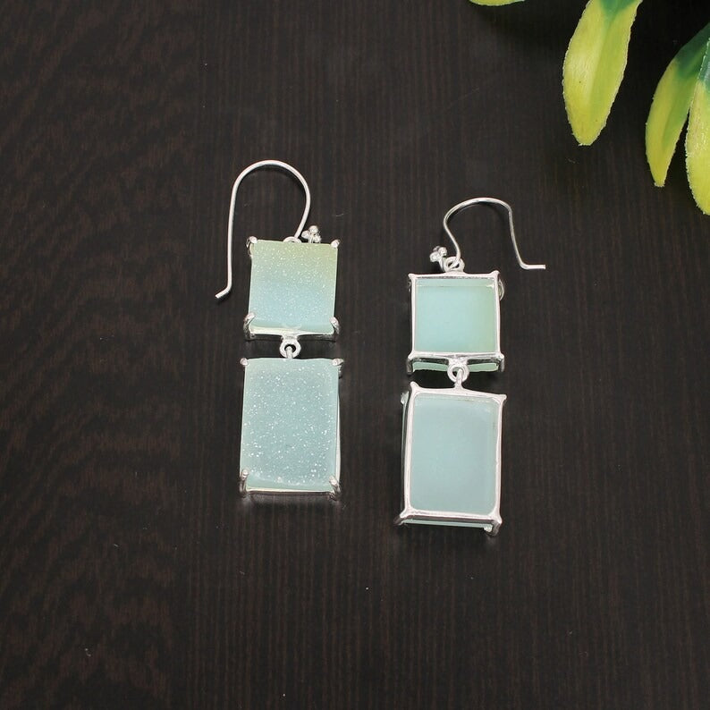 92.5 Sterling Silver Aqua Druzy Gemstone Earrings