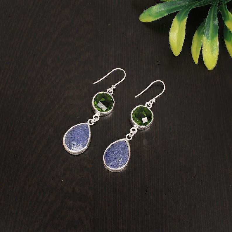 Lapis Lazuli and Peridot Gemstone 92.5 Sterling Silver Earrings