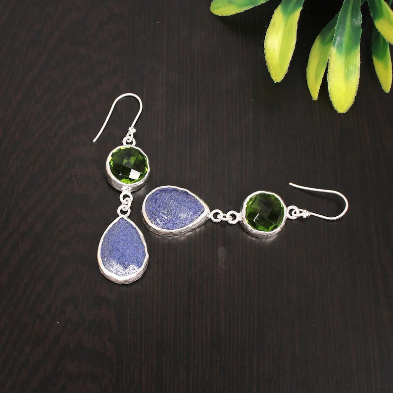 Lapis Lazuli and Peridot Gemstone 92.5 Sterling Silver Earrings