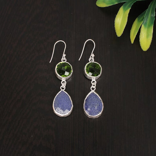 Lapis Lazuli and Peridot Gemstone 92.5 Sterling Silver Earrings